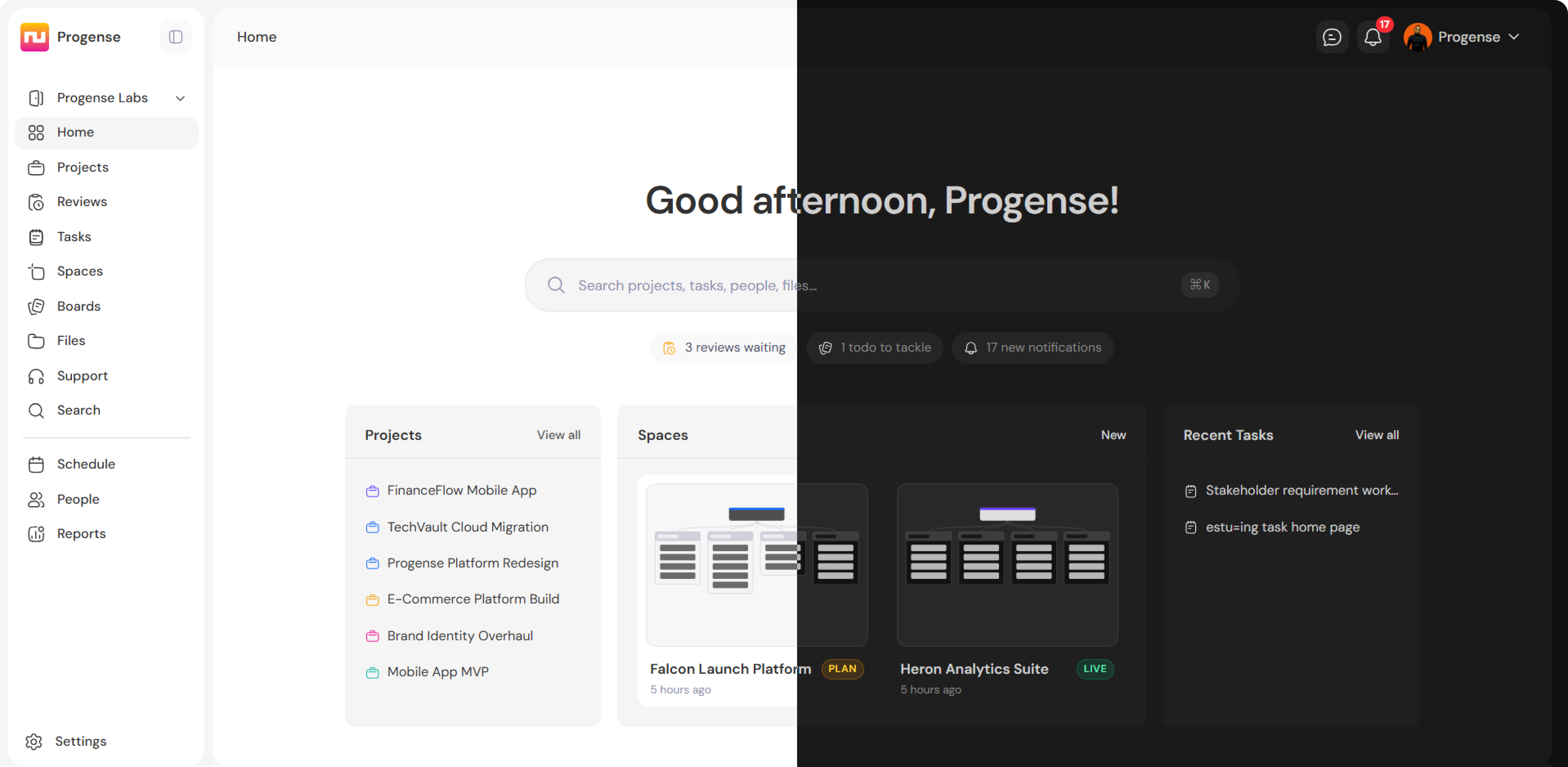 Progense dashboard — light and dark