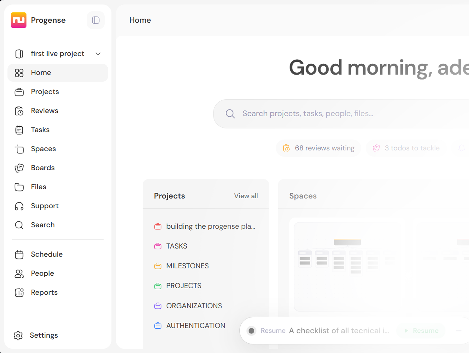 Progense Projects dashboard